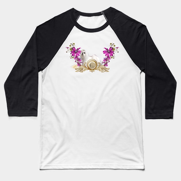 Sweet little maltese with flowers Baseball T-Shirt by Nicky2342